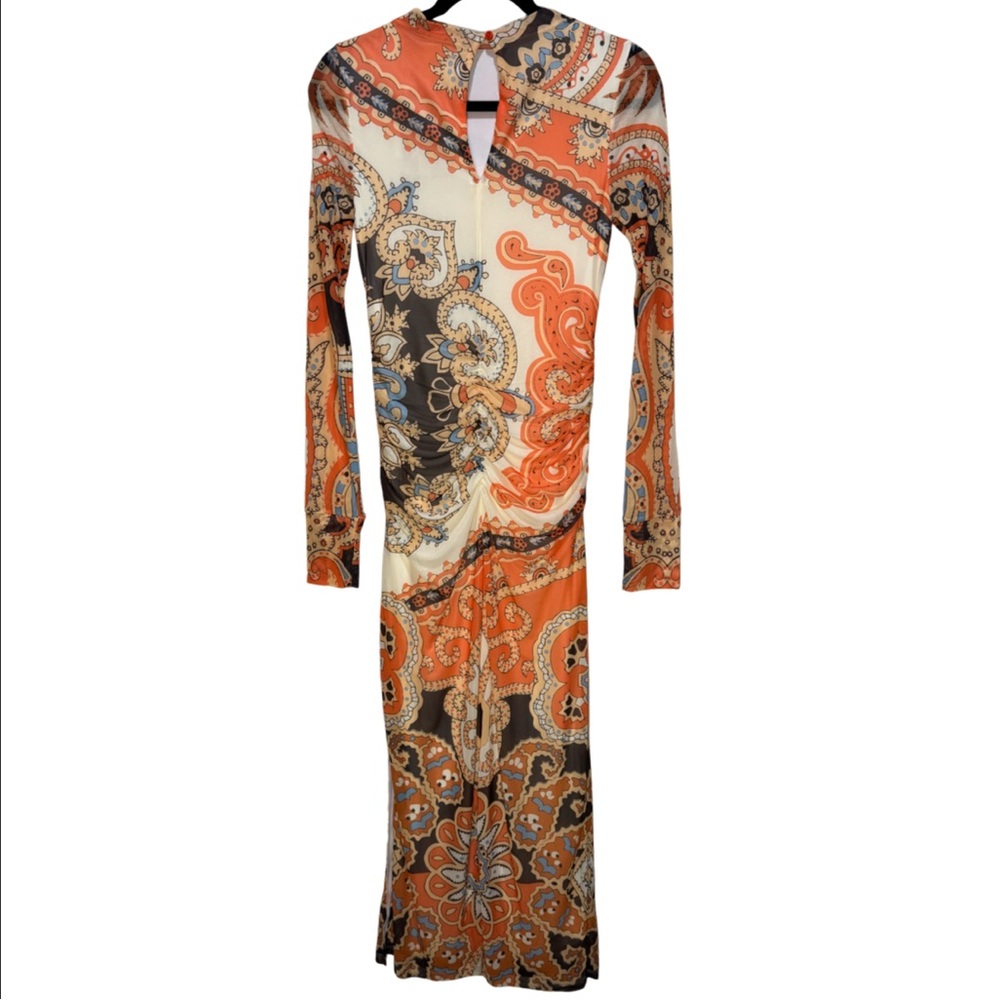 Farm Rio Long-Sleeve Mock-Neck Mesh Slim Midi Dress - Orange Bandana L - Picture 9 of 10